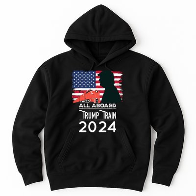 All Aboard Trump Train 2024 Vintage American Flag Hoodie