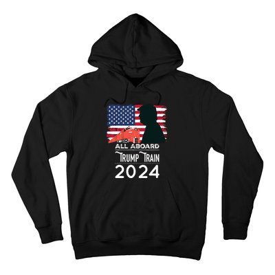 All Aboard Trump Train 2024 Vintage American Flag Hoodie