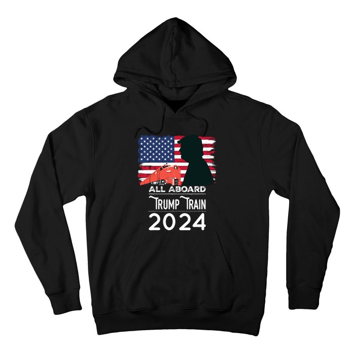 All Aboard Trump Train 2024 Vintage American Flag Hoodie