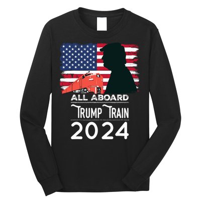 All Aboard Trump Train 2024 Vintage American Flag Long Sleeve Shirt