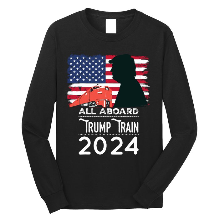 All Aboard Trump Train 2024 Vintage American Flag Long Sleeve Shirt