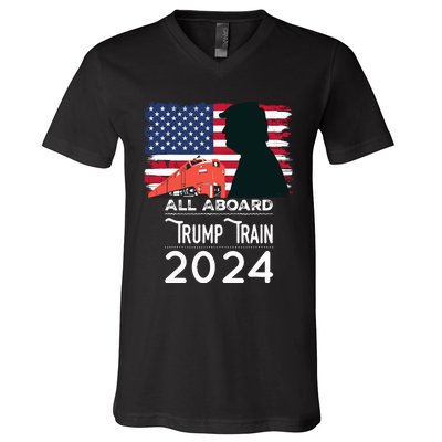 All Aboard Trump Train 2024 Vintage American Flag V-Neck T-Shirt