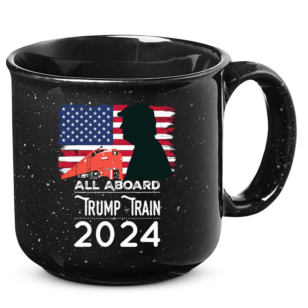All Aboard Trump Train 2024 Vintage American Flag 15oz Campfire Ceramic Mug