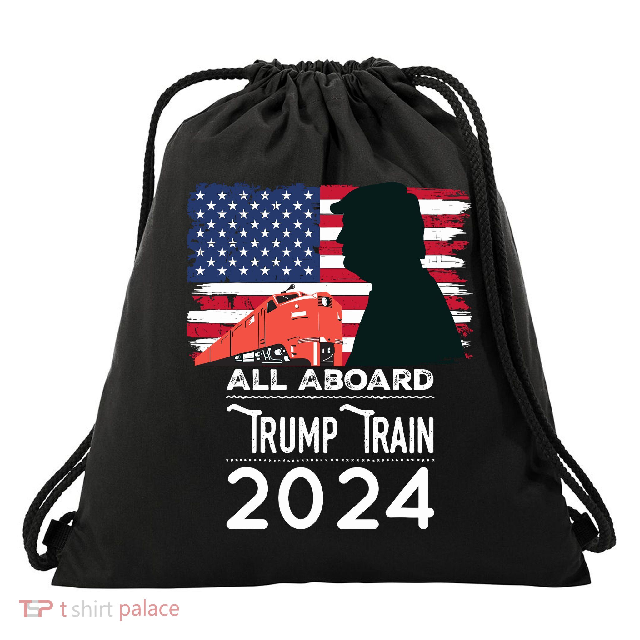 All Aboard Trump Train 2024 Vintage American Flag Drawstring Bag