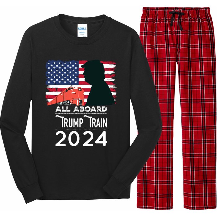 All Aboard Trump Train 2024 Vintage American Flag Long Sleeve Pajama Set