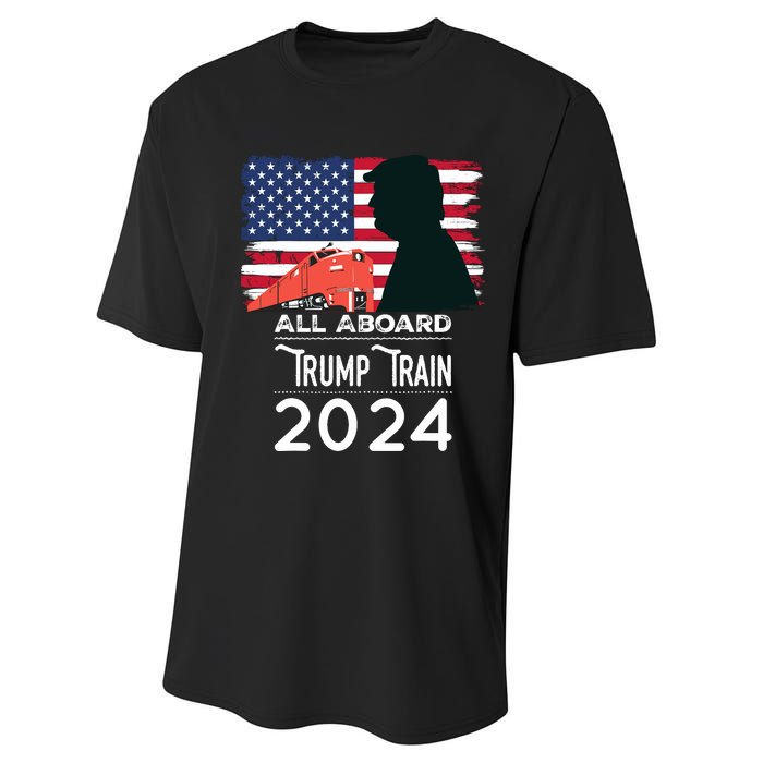 All Aboard Trump Train 2024 Vintage American Flag Performance Sprint T-Shirt