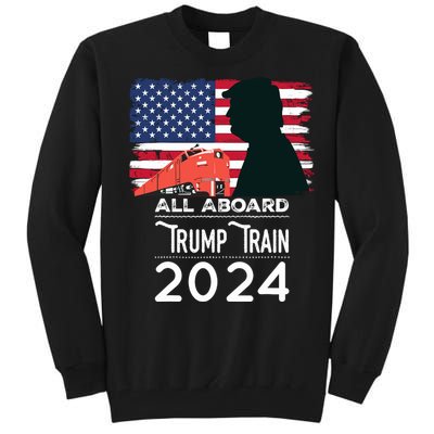 All Aboard Trump Train 2024 Vintage American Flag Tall Sweatshirt