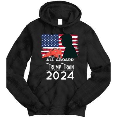 All Aboard Trump Train 2024 Vintage American Flag Tie Dye Hoodie