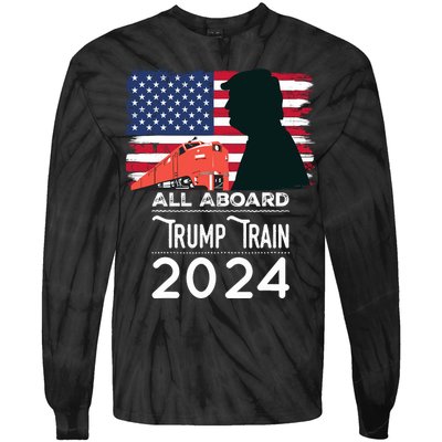 All Aboard Trump Train 2024 Vintage American Flag Tie-Dye Long Sleeve Shirt