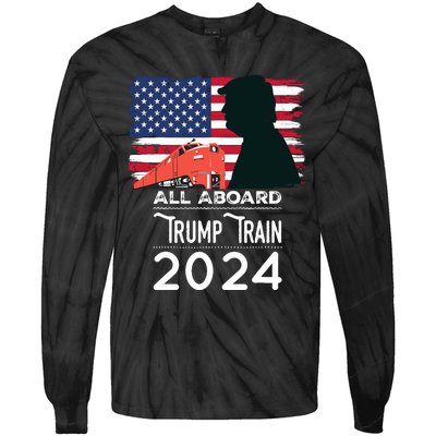 All Aboard Trump Train 2024 Vintage American Flag Tie-Dye Long Sleeve Shirt