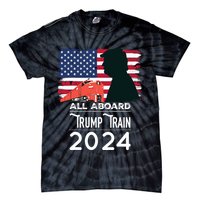 All Aboard Trump Train 2024 Vintage American Flag Tie-Dye T-Shirt