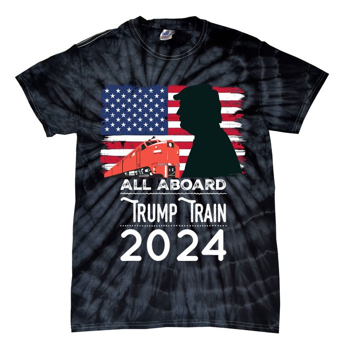 All Aboard Trump Train 2024 Vintage American Flag Tie-Dye T-Shirt