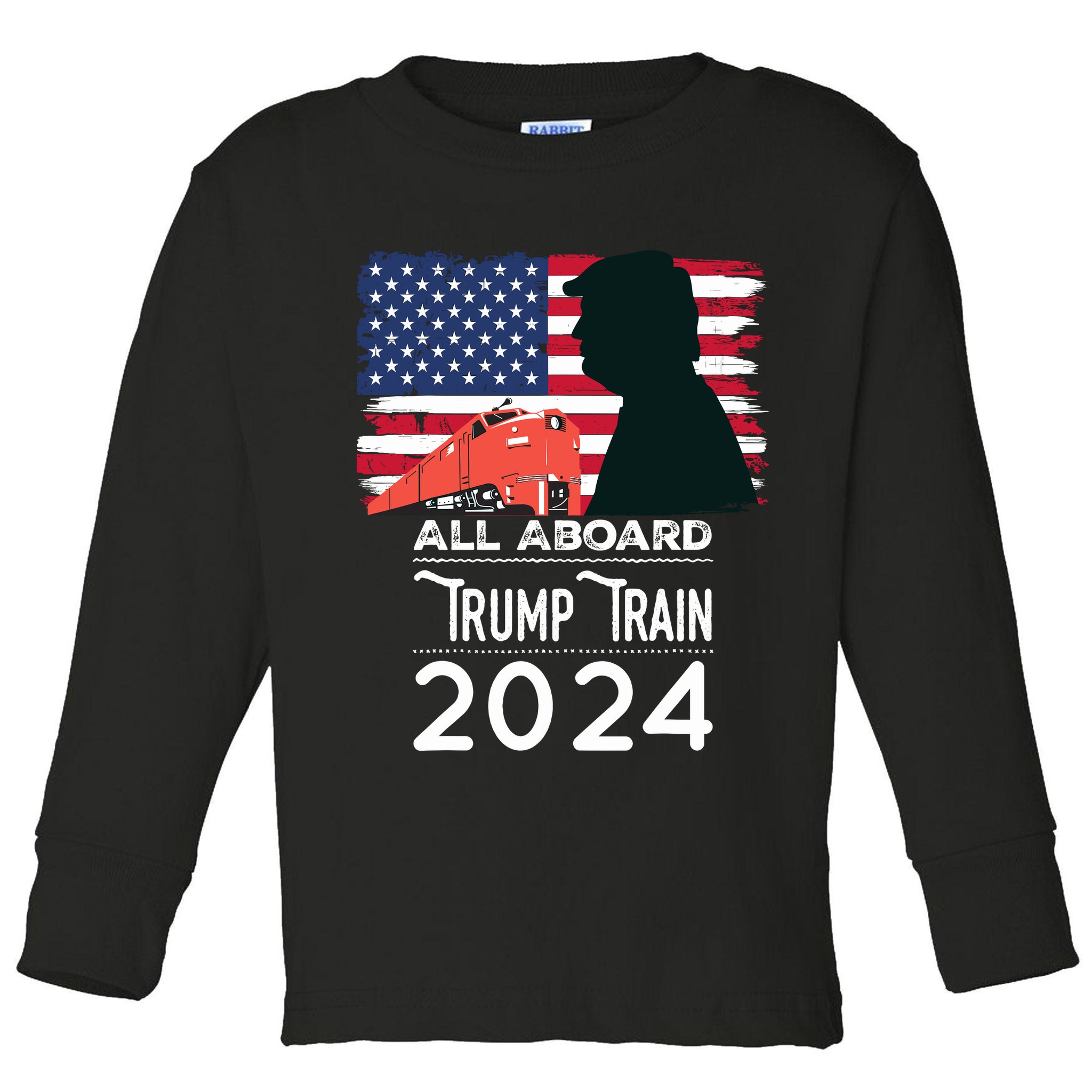 All Aboard Trump Train 2024 Vintage American Flag Toddler Long Sleeve Shirt