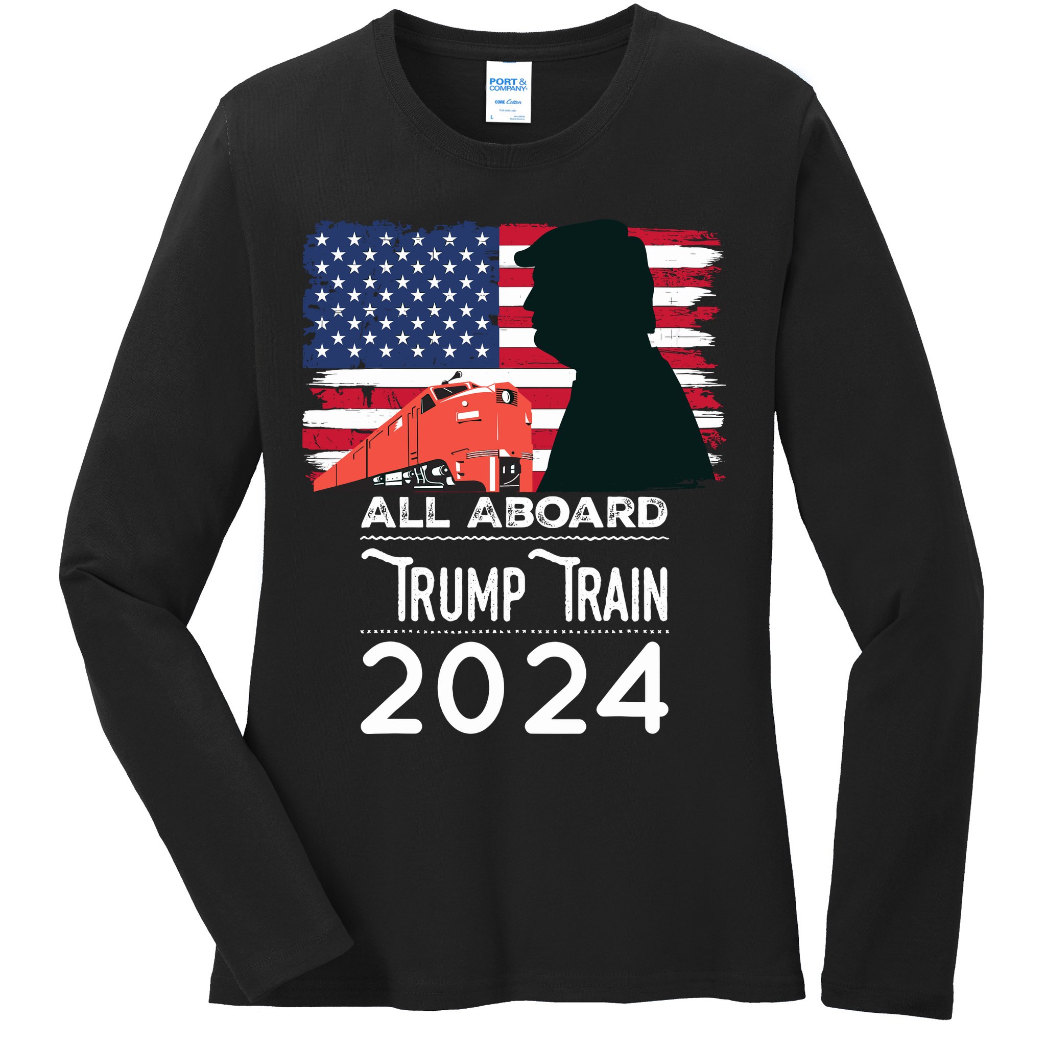 All Aboard Trump Train 2024 Vintage American Flag Ladies Long Sleeve Shirt