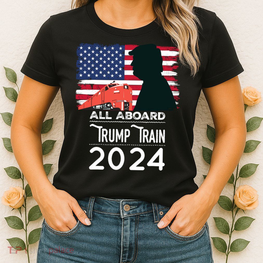 All Aboard Trump Train 2024 Vintage American Flag Womens T-Shirt