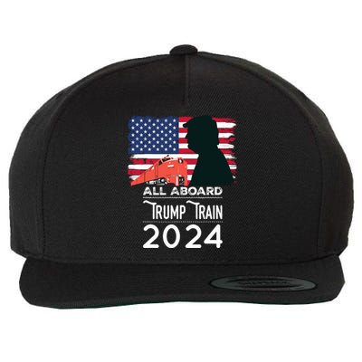 All Aboard Trump Train 2024 Vintage American Flag Wool Snapback Cap