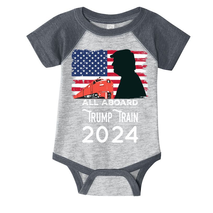All Aboard Trump Train 2024 Vintage American Flag Infant Baby Jersey Bodysuit