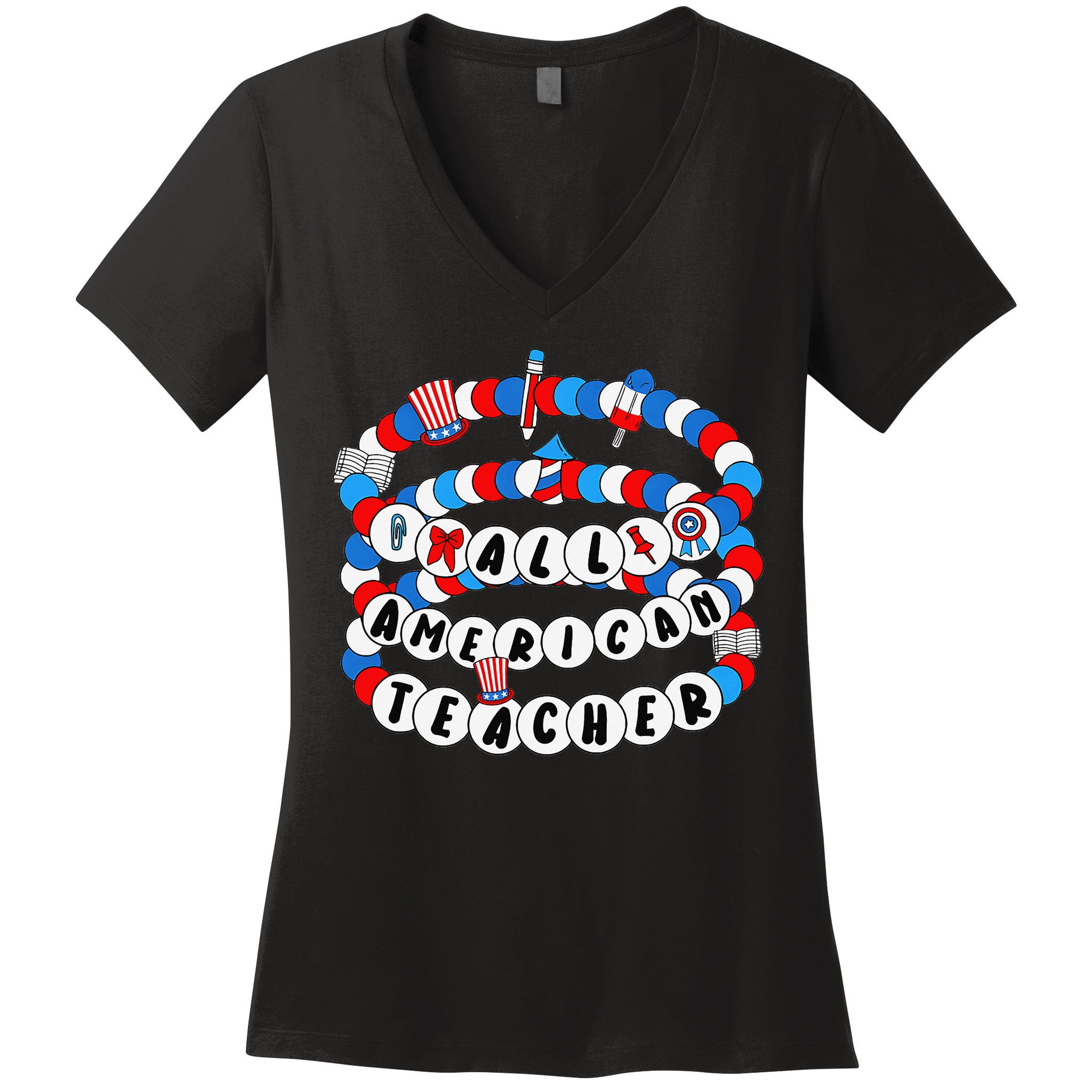 All American Teacher 4th July Bracelet Teacher Appreciation Women's V-Neck T-Shirt