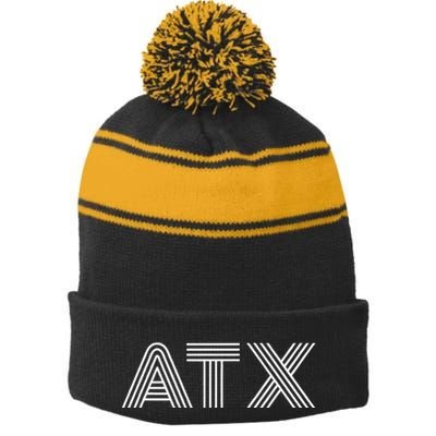 Atx Austin Tx Retro Design In White Stripe Pom Pom Beanie