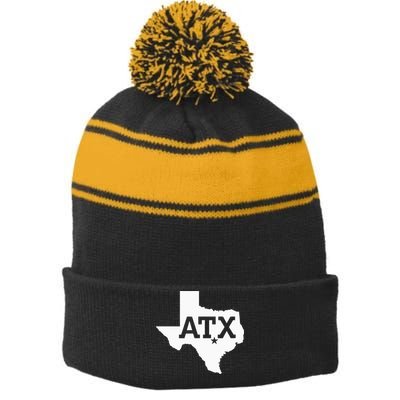 ATX Austin TX Design With Texas Silhouette Stripe Pom Pom Beanie