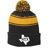 ATX Austin TX Design With Texas Silhouette Stripe Pom Pom Beanie