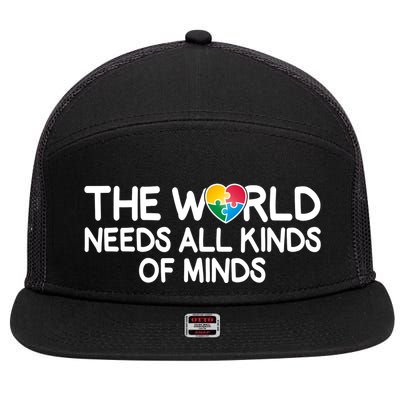 Autism Awareness The World Needs All Kinds Of Minds 7 Panel Mesh Trucker Snapback Hat