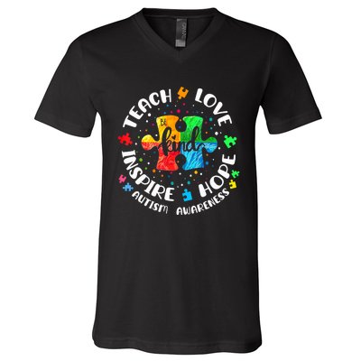 Autism Awareness Teach Hope Love Inspire Teacher V-Neck T-Shirt