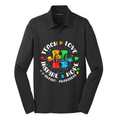 Autism Awareness Teach Hope Love Inspire Teacher Silk Touch Performance Long Sleeve Polo