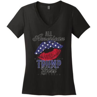 All American Trump Girl USA Flag Lips GOP Vote 2024 Women's V-Neck T-Shirt