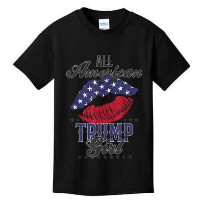 All American Trump Girl USA Flag Lips GOP Vote 2024 Kids T-Shirt