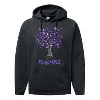 Alzheimer Awareness Tee For Women Purple Butterfly Performance Fleece Hoodie