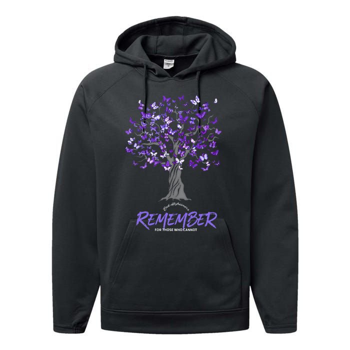 Alzheimer Awareness Tee For Women Purple Butterfly Performance Fleece Hoodie