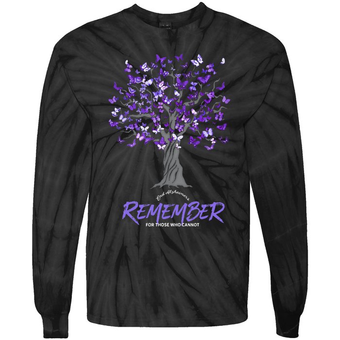 Alzheimer Awareness Tee For Women Purple Butterfly Tie-Dye Long Sleeve Shirt