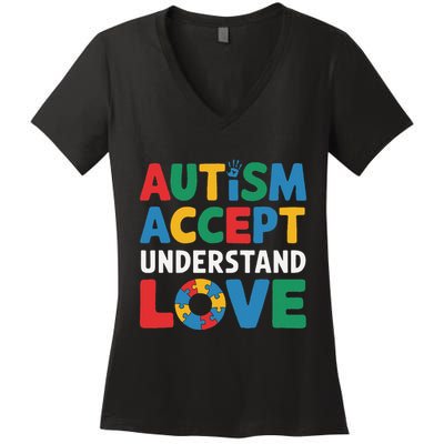 Autism Awareness Teacher Autism Accept Understand Love Women's V-Neck T-Shirt