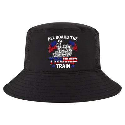 All Aboard Trump Train 2024 American Flag Trump Support Cool Comfort Performance Bucket Hat