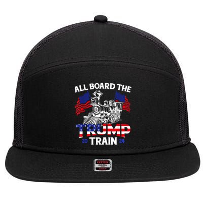 All Aboard Trump Train 2024 American Flag Trump Support 7 Panel Mesh Trucker Snapback Hat