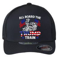 All Aboard Trump Train 2024 American Flag Trump Support Flexfit Unipanel Trucker Cap