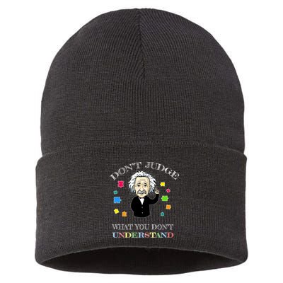 Autism Awareness Teacher Accept Don't Judge Albert Einstein Sustainable Knit Beanie