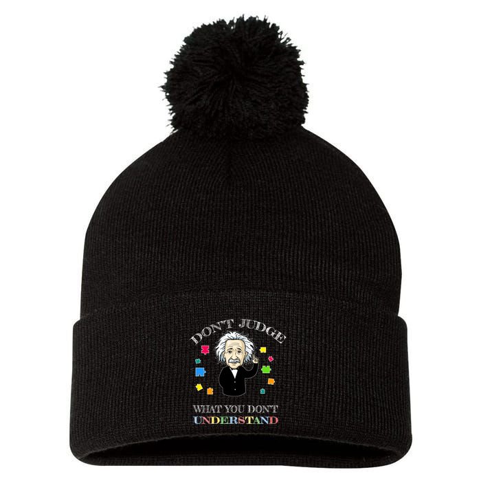 Autism Awareness Teacher Accept Don't Judge Albert Einstein Pom Pom 12in Knit Beanie