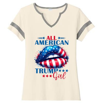 All American Trump Girl Lips American Flag Trump Girl Ladies Halftime Notch Neck Tee