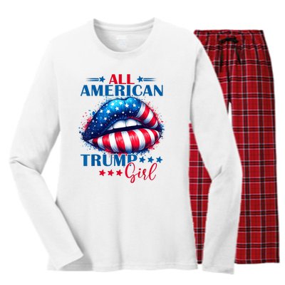 All American Trump Girl Lips American Flag Trump Girl Women's Long Sleeve Flannel Pajama Set 