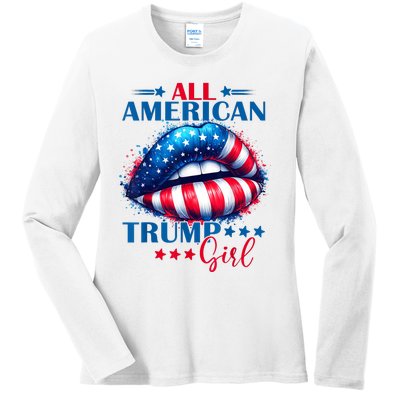 All American Trump Girl Lips American Flag Trump Girl Ladies Long Sleeve Shirt