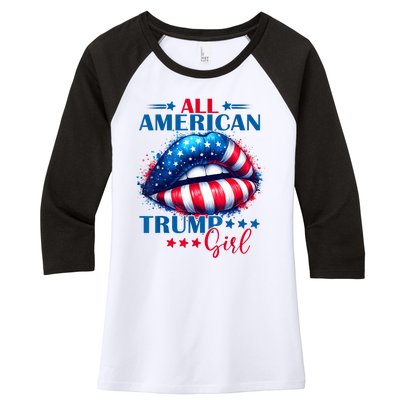 All American Trump Girl Lips American Flag Trump Girl Women's Tri-Blend 3/4-Sleeve Raglan Shirt