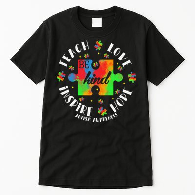 Autism Awareness Teacher Puzzle Teach Hope Love Inspire Tall T-Shirt