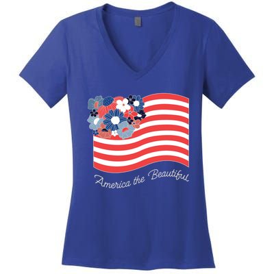 Americana America The Beautiful Flowers Funny Gift Women's V-Neck T-Shirt