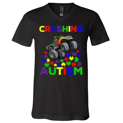 Autism Awareness Truck Crushing Autism For V-Neck T-Shirt