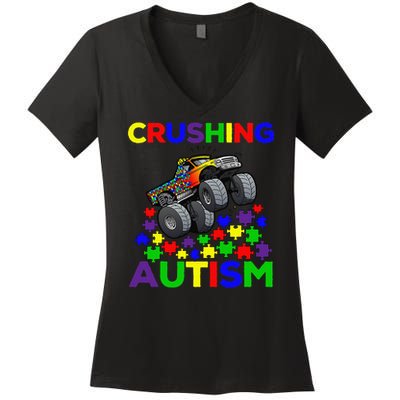 Autism Awareness Truck Crushing Autism For Women's V-Neck T-Shirt