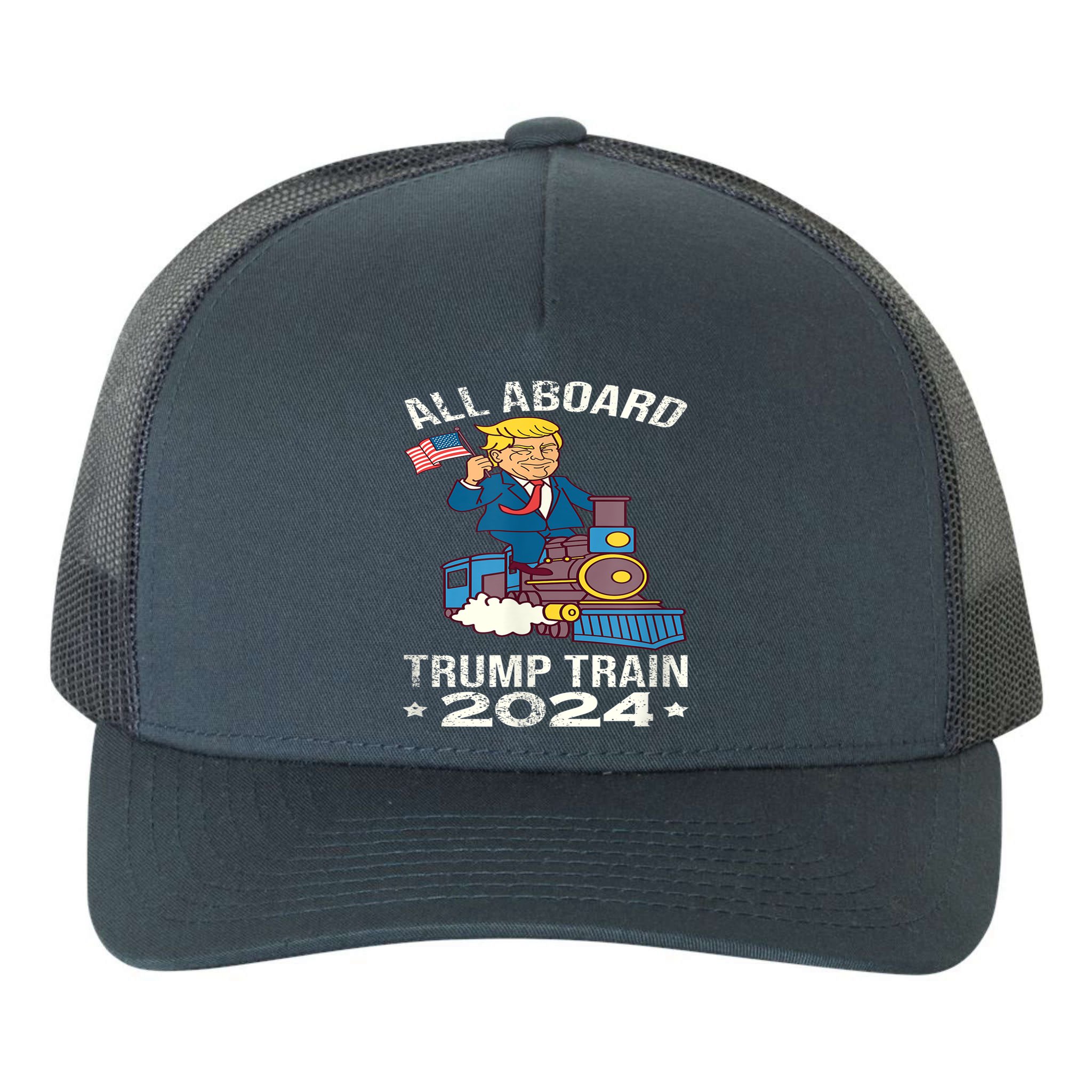 ALL ABOARD TRUMP TRAIN 2024 Patriotic American Flag Yupoong Adult 5-Panel Trucker Hat