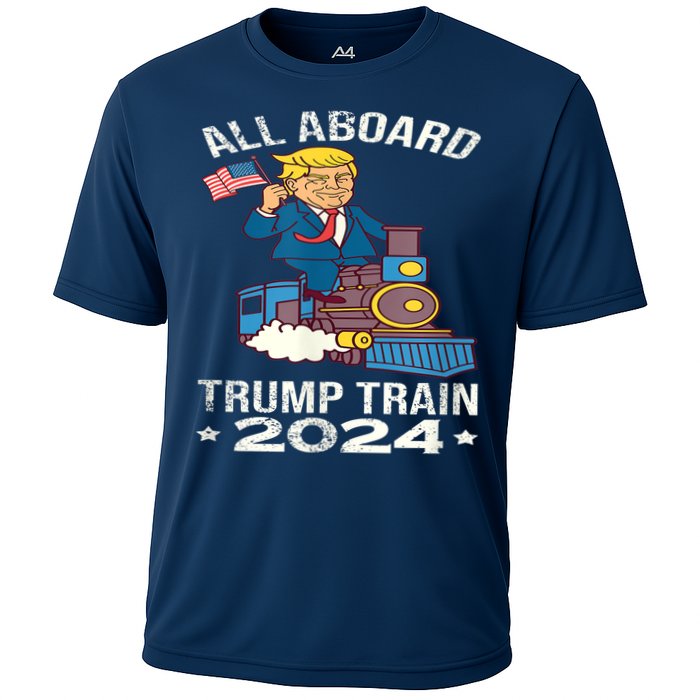 ALL ABOARD TRUMP TRAIN 2024 Patriotic American Flag Cooling Performance Crew T-Shirt