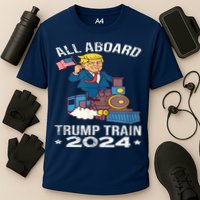 ALL ABOARD TRUMP TRAIN 2024 Patriotic American Flag Cooling Performance Crew T-Shirt
